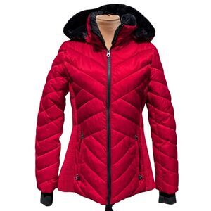 Nautica Puffer Jacket Womens Small Winter Red Faux Fur Detachable Hood Colorful